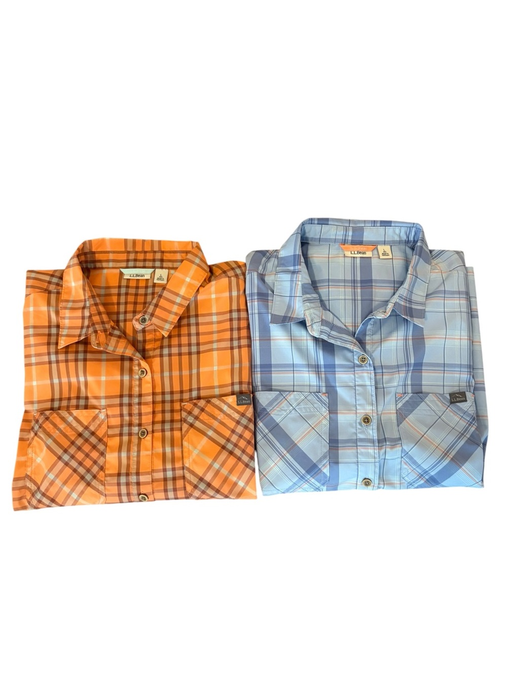 LL Bean Short Sleeve Button Down Shirts Bundle Plaid Blue Orange Womens Large